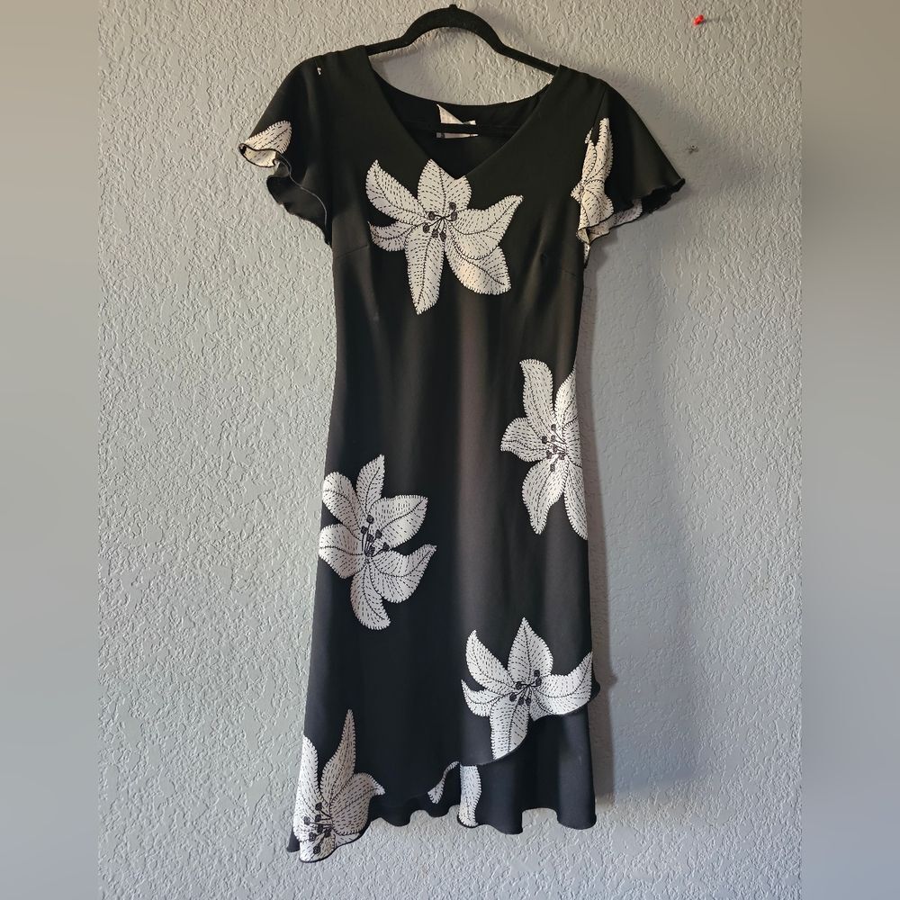 dressbarn Black Midi Dress with White Floral Print Size 8